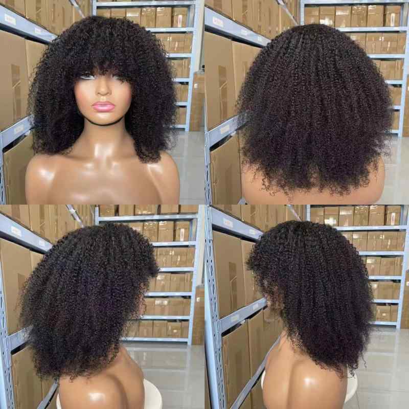 ウィッグ 男女兼用 人毛 リアルヘアー アフロ キンキー カーリー 14インチ ミディアム丈 マシンメイド 軽量 かつら 自然色 染髪パーマ対応 普段使い イメチェン