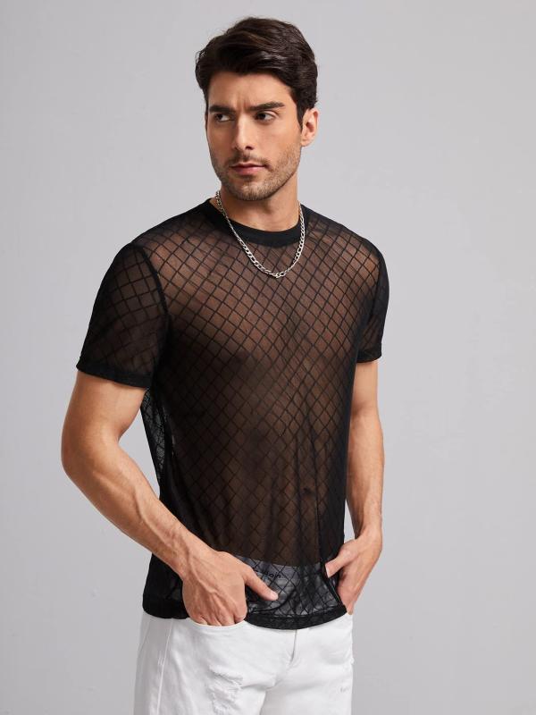 Tシャツ メンズ 欧米風 セクシー シースルー 透け感 メッシュ 半袖 ドロップショルダー 肩落ち トップス トレーニング ジム ナイトウェア 部屋着 吸汗速乾 通気性 薄手 カットアウト ラウンドネック 黒 ポリエステル 春夏