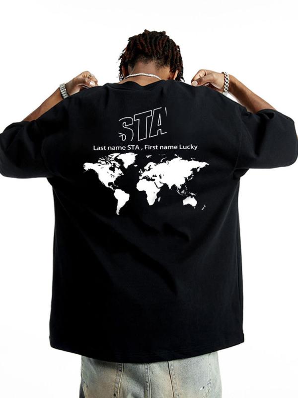 Tシャツ メンズ 世界地図 ストリート系 半袖 ゆったり ルーズフィット アメリカン ヘビーウェイト 純綿 コットン クルーネック ドロップショルダー 夏 抗菌 普段着