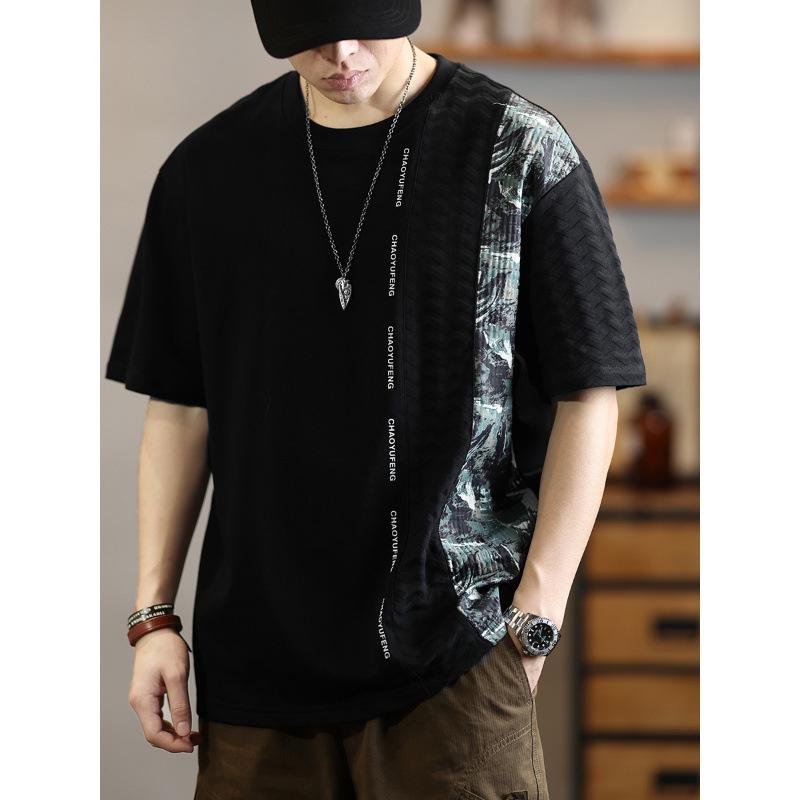 Tシャツ メンズ 高級感 小花柄 切り替え クルーネック ゆったり ビッグシルエット 半袖 コットン コーマコットン トップス 薄手 抗菌 カジュアル ファッション レトロ 春夏 ブラック ホワイト 普段使い