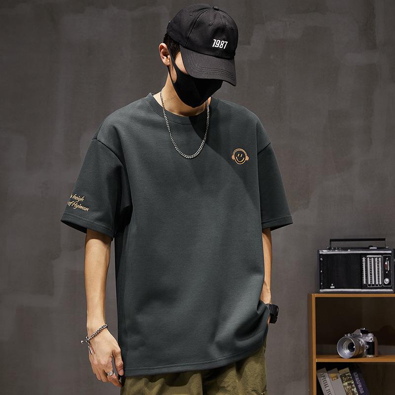 Tシャツ メンズ ヘビーウェイト 厚手 ゆったり ルーズフィット ビッグシルエット クルーネック 丸首 スマイル刺繍 ストリート カジュアル 春夏 綿混紡 通気性 吸湿速乾 トップス