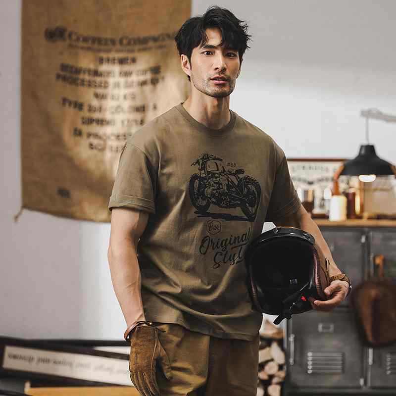 Tシャツ メンズ アメカジ レトロ グラフィックプリント ヘビーウェイト コットン 半袖 クルーネック トップス ゆったり スポーツ カジュアル ストリート ファッション 夏