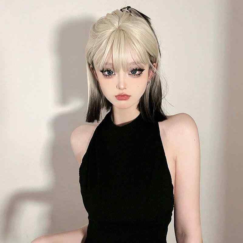ウィッグ レディース フルウィッグ ショートストレート 前髪あり 2way前髪 プラチナ ブラック グラデーション 耐熱ファイバー マシンメイド ロリータ