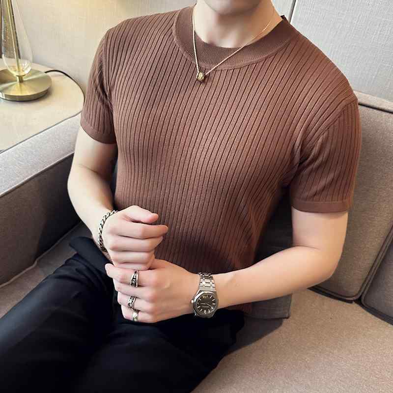 Tシャツ メンズ 春夏 薄手 透かし編み 半袖 クルーネック スリムフィット ストレッチ ポリエステル 通気性 無地 トップス デイリーユース カジュアル ブラウン系