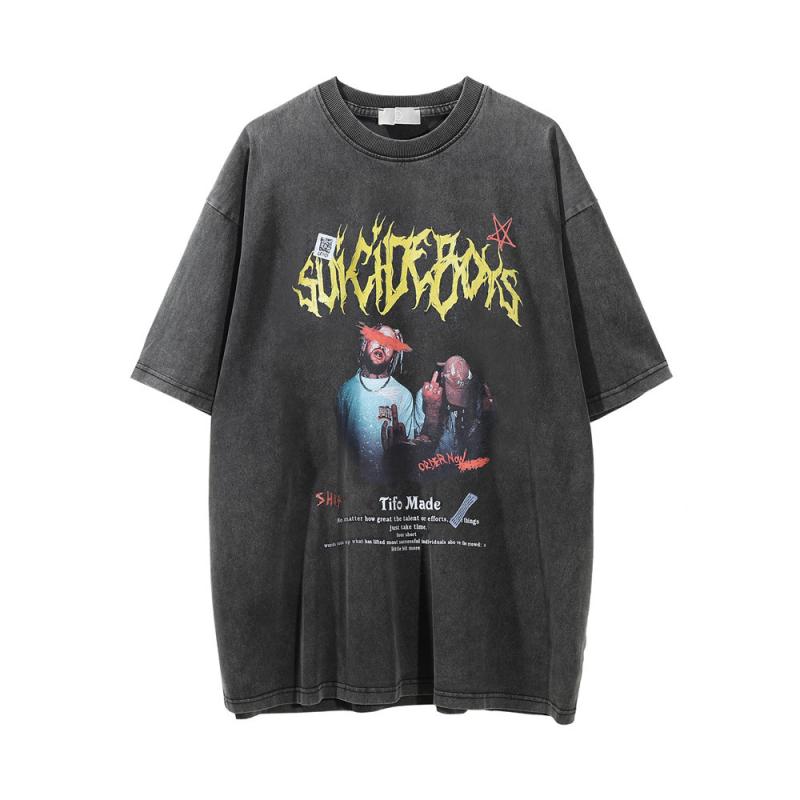 Tシャツ メンズ ストリート ヒップホップ キャラクタープリント 半袖 カジュアル ウォッシュ加工 丸首 クルーネック 夏 トレンド ゆったり ビッグシルエット コットン 通気性 吸湿速乾 ブラック