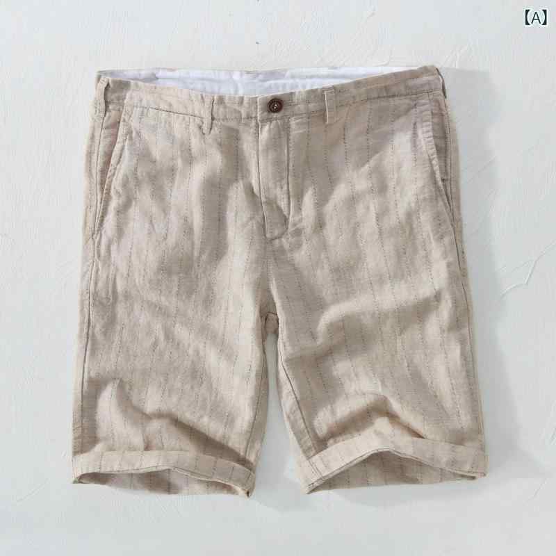 二分の一ズボン下 メンズ リネン 心地よい 縞模様 サマービーチパンツ 薄っぺら 吸汗速乾 通気性 麻原料品 カーキ 米国海軍 赤銅色