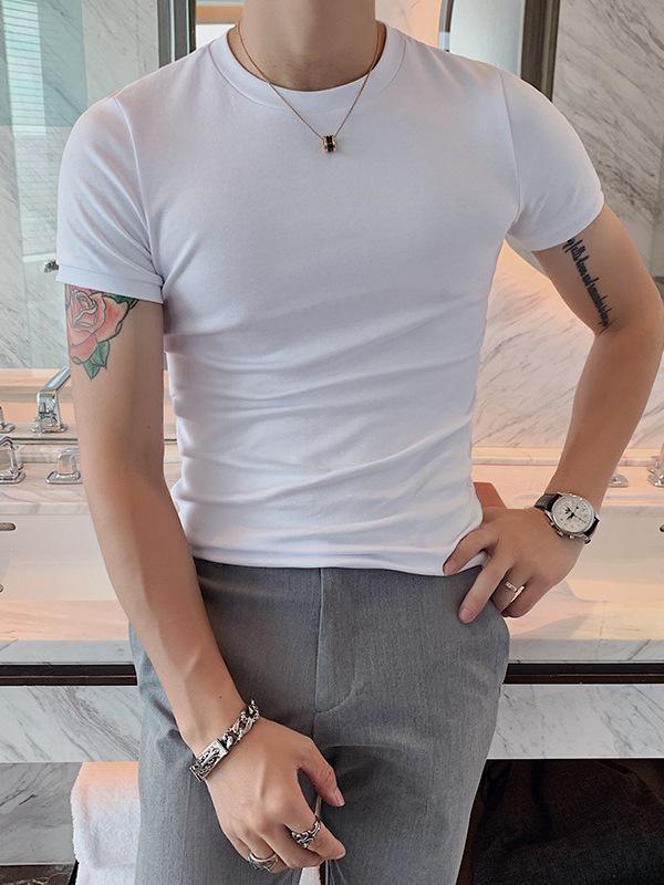 Tシャツ メンズ 男性用 無地 ソリッドカラー 夏 韓国風 ファッション インナー アンダーシャツ スリムフィット 細身 半袖 綿 コットン 綿混 ラウンドネック プルオーバー 通気性 快適 普段使い デイリーユース カジュアル トップス