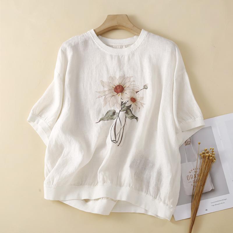 Tシャツ レディース レトロ ヴィンテージ サンドウォッシュ リネン 麻 花柄 半袖 薄手 ゆったり クルーネック 夏 トップス カジュアル 普段使い 通気性 白 カーキ