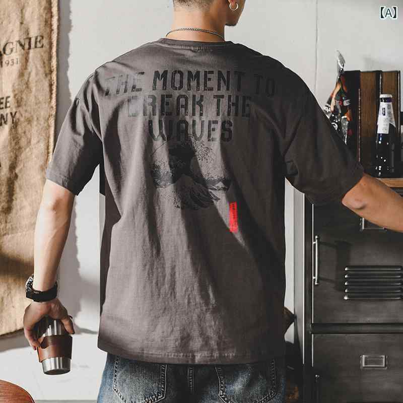 Tシャツ メンズ 男性用 春夏 綿 コットン 半袖 ビッグシルエット ゆったり ルーズフィット 大きいサイズ クルーネック プリント アメカジ ストリート カジュアル ブラック 黒