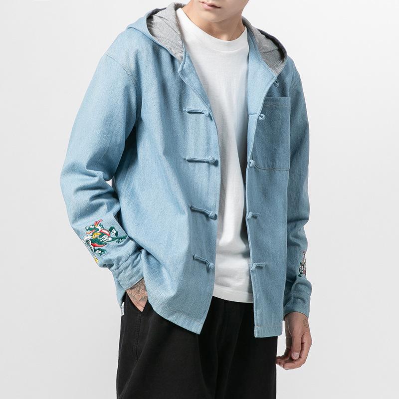 ジャケット メンズ 秋冬 中華風 フード付き デニムジャケット 男性用 レトロ ビッグシルエット コットン 刺・墸 多ポケット カジュアル アウター トップス