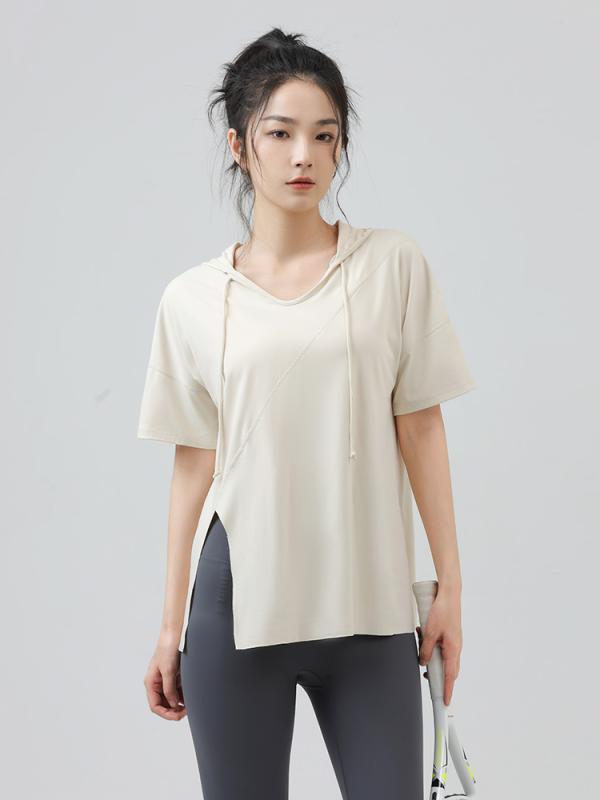 Tシャツ レディース 女性用 ヨガウェア フィットネスウェア スポーツウェア ジムウェア 半袖 ゆったり 通気性 フード付き カバーアップ お尻が隠れる丈 春夏 アウトドア ナイロン スパンデックス