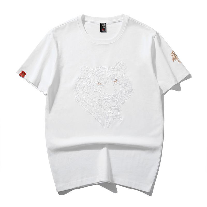 Tシャツ メンズ 虎柄 虎頭 和柄 重厚刺繍 立体刺繍 半袖 綿100% コットン素材 ビッグシルエット 大きいサイズ ゆったり クルーネック 春夏 ホワイト ブラック