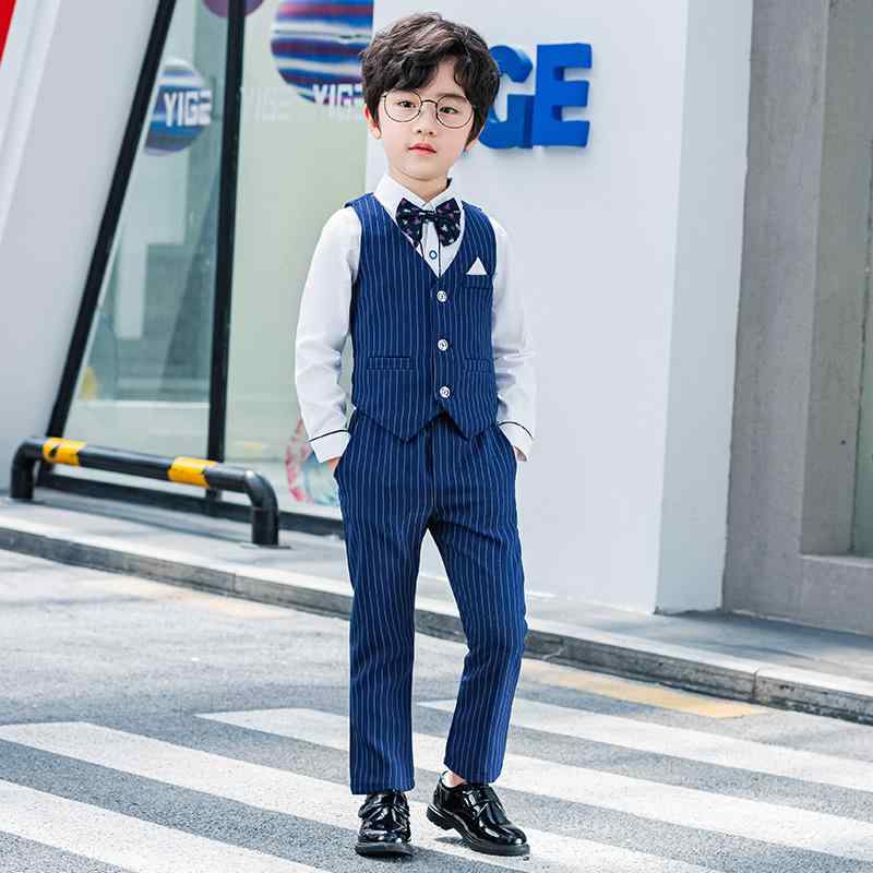 フォーマルスーツ 男の子 キッズ 韓国風 ストライプ ベスト ロングパンツ 2点セット 綿混 発表会 結婚式 七五三 入学式 卒業式 記念撮影