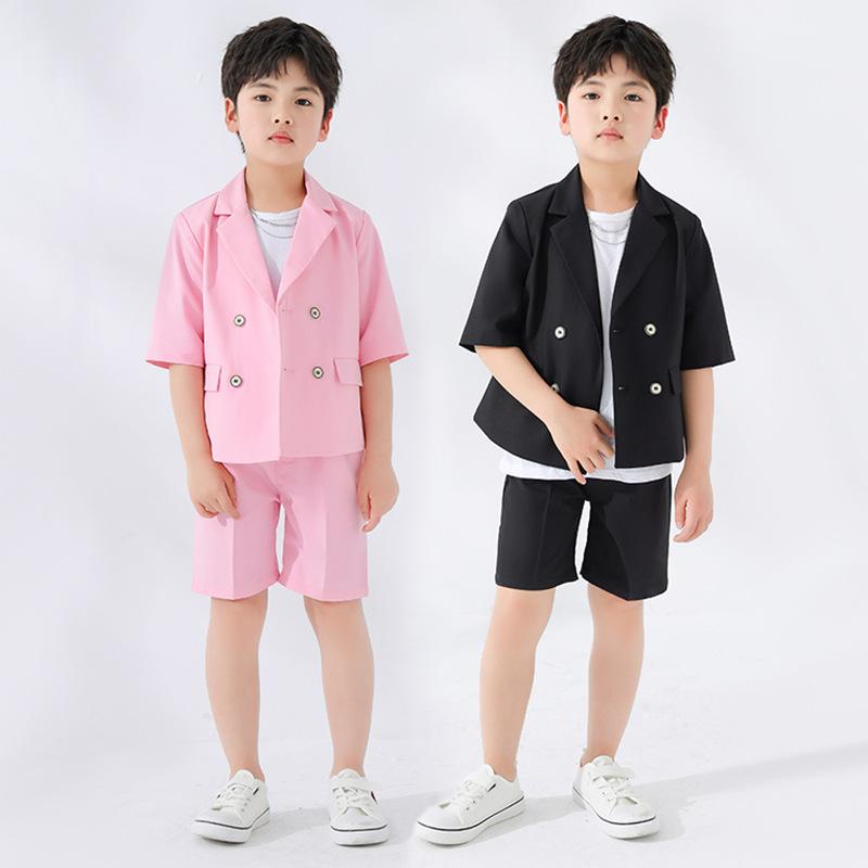 スーツ 男の子 キッズ ジュニア 半袖 春夏 ダブルボタン ジャケット 短パン セットアップ ブラック ピンク フォーマル ブリティッシュ 結婚式 発表会 フラワーボーイ ピアノ発表会 入学式 卒園式 七五三 セレモニー