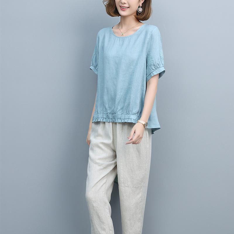 セットアップ レディース 女性用 半袖 Tシャツ トップス 綿麻 体型カバー おしゃれ ミセス お母さん 2点セット 薄手 軽量 春夏 普段使い カジュアル