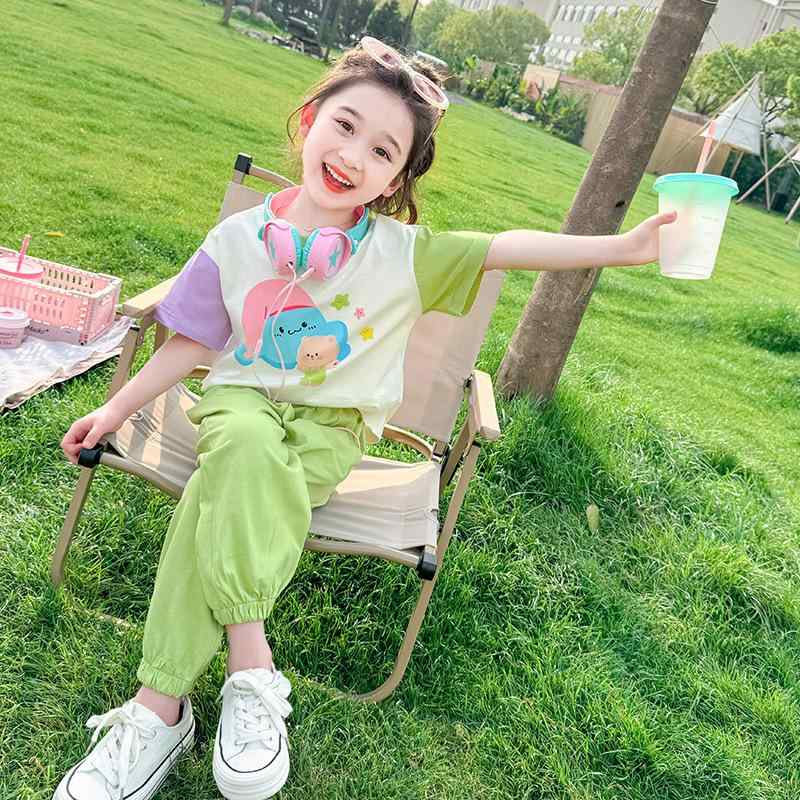 子供服 女の子 クマ柄 配色 切り替え セットアップ 夏 カジュアル 2点セット かわいい おしゃれ 薄手 半袖 長ズボン 綿 コットン ピンク グリーン 普段着 おでかけ
