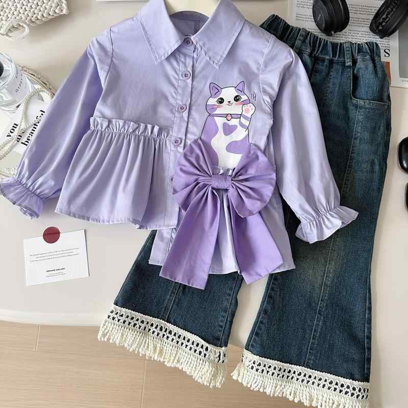 キッズ 女の子 セットアップ 韓国風 秋服 紫 ブラウス 猫モチーフ 長袖 スリム デニムパンツ ジーンズ 上下2点セット カジュアル 普段着 通園