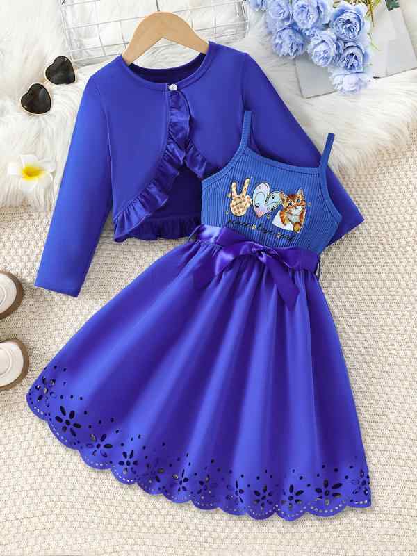 ワンピースセット 女の子 キッズ ジュニア 長袖ニットカーディガン メロウフリル キャミワンピース アニマル柄 ブルー 秋 冬 かわいい ガーリー カジュアル 普段使い 2点セット