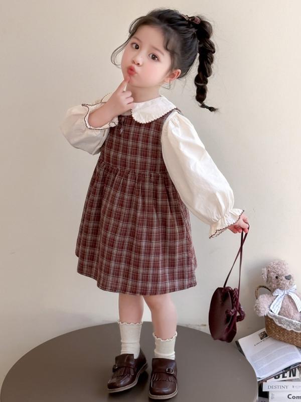 ワンピースセット 女の子 ベビー 韓国子供服 リボン チェック柄 長袖 プリンセススタイル お出かけ 上品 エレガント 綿混 肌触りなめらか 春秋