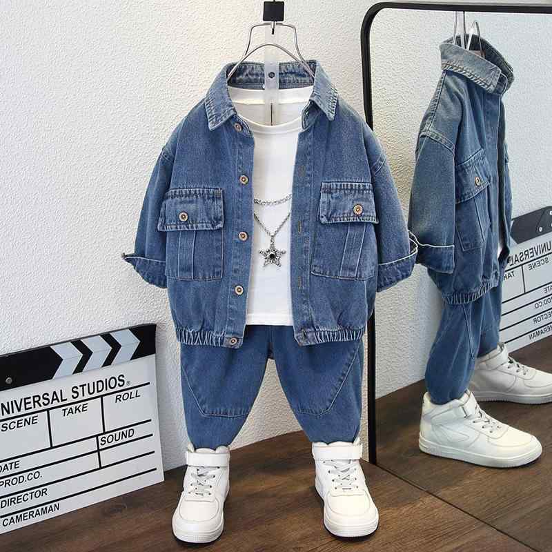 セットアップ 男の子 キッズ 春秋 デニム 上下2点セット 長袖 ロングパンツ かっこいい おしゃれ スタイリッシュ カジュアル 柔らかい肌触り コットン 綿混