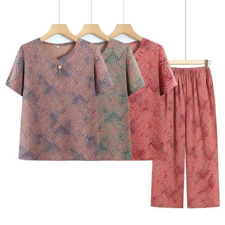 Tシャツセットアップ シニア ミセス 女性用 春夏 半袖トップス クロップドパンツ ゆったり カジュアル 普段着 綿混