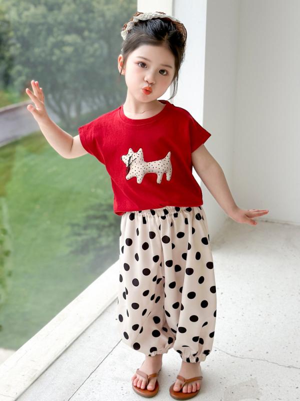 セットアップ 女の子 キッズ ベビー ドット柄 子犬プリント 半袖 Tシャツ ショートパンツ 上下セット コットン 春夏 薄手 かわいい おしゃれ 普段着