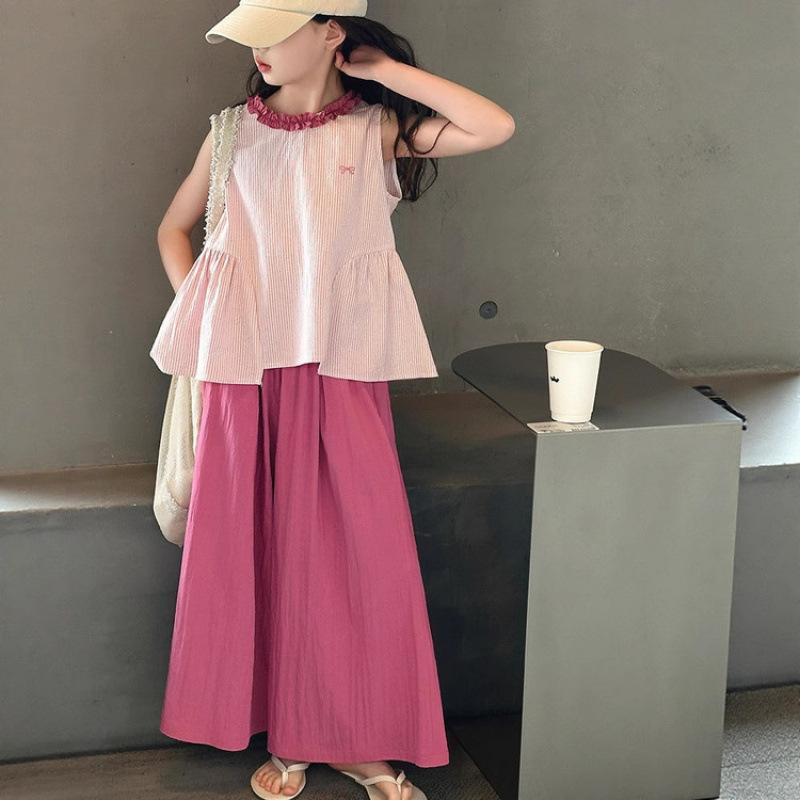 セットアップ 女の子 女児 ジュニア キッズ 夏 ストライプ柄 フリル襟 薄手 涼しい おしゃれ かわいい 韓国風 半袖トップス ワイドパンツ ガウチョパンツ 綿 コットン 上下セット 2点セット 普段使い