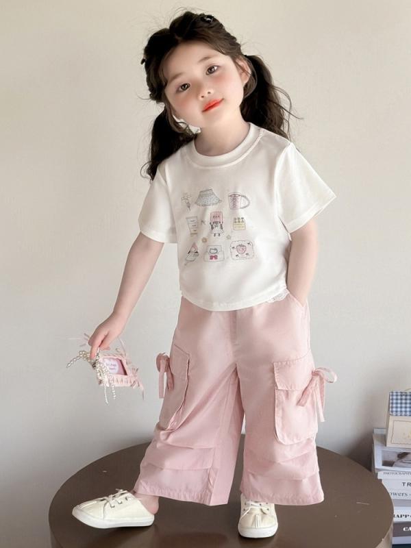 キッズ 女の子 セットアップ 韓国風 キャラクター かわいい フリル Tシャツ ワーク ショートパンツ 綿混 上下セット 普段使い お出かけ 春夏 ピンク