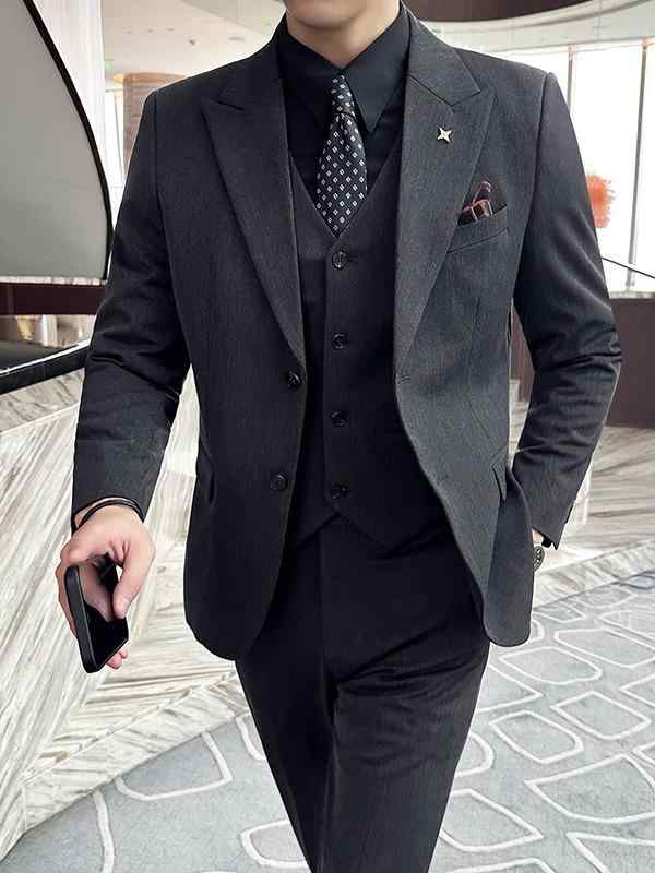 背広 メンズ スリー平和条約 秋冬 朦々たる 華燭の典 交歓会 礼服 寄り合い ピークドラペル か細い相応う セットアップ 商行為 フォーマル 人絹混 綿混紡 上衣 限りない スラックス まっ黒い薄墨色 黒いこと