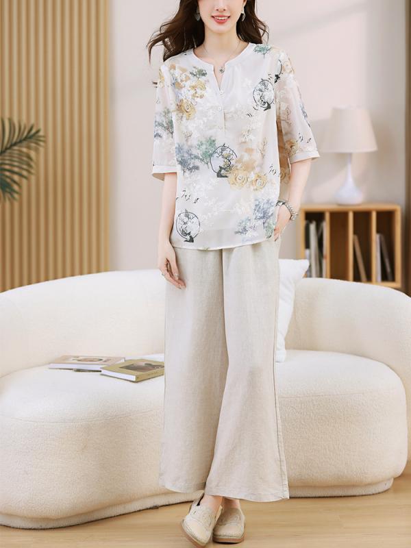 セットアップ レディース 亭主持ち 中高年成人女性 春夏 綿麻 カラムシ 薄っぺら 軽さ スピード競技 広々としたズボン下 五分袖トップス 背広 心地好い 好いたらしいめ 今めかしい 若押し出し 象牙色