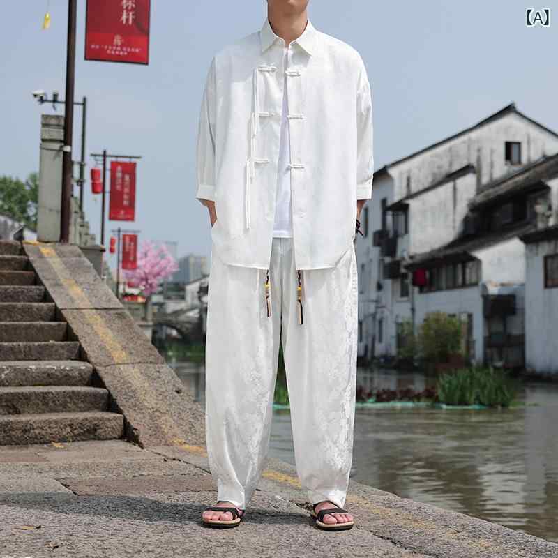 セットアップ レディース 春夏 新中華風 チャイナボタン 襟付き 七分袖 パフスリーブ シェニール 伸縮性 ブラウス ワイドパンツ カジュアル 上品 ホワイト ブラック