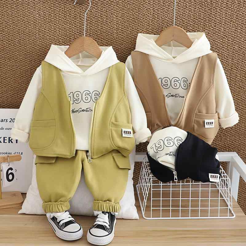 キッズ 男の子 セットアップ ナンバーデザインベスト 3点セット 長袖 ジップアップトップス 長ズボン 綿 柔らかい肌触り 春秋 韓国風 トレンド スポーツスタイル