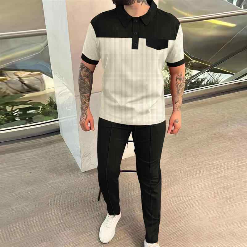 メンズ セットアップ ワッフル生地 配色 切り替え 半袖 襟付き 胸ポケット ボタン ロングパンツ 長ズボン ポリエステル 夏 カジュアル 普段着 大人カジュアル