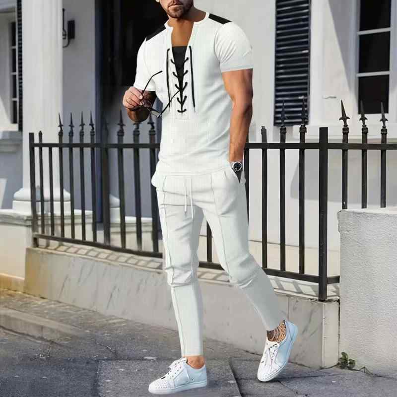 セットアップ メンズ ワッフル クルーネック ドローストリング 半袖 Tシャツ ロングパンツ きれいめカジュアル ポリエステル 普段使い ルームウェア 春夏