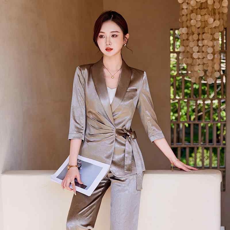 セットアップ 女性用 アセテートサテン ポリエステル素材 テーラードジャケット 七分袖 ワイドパンツ ロング丈 春夏 オフィス ビジネス フォーマル キャリア エレガント 上品 2点セット
