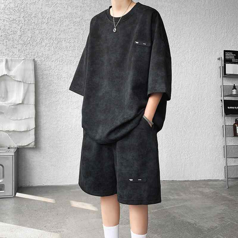 メンズ カジュアルセットアップ 丸首 大きいサイズ ビッグシルエット 七分袖Tシャツ トップス ショートパンツ 短パン 絞り染め タイダイ 2点セット 綿混 ポリエステル ルームウェア 部屋着 スポーツウェア 春夏 白 黒