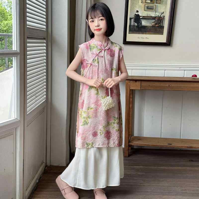セットアップ 女の子 ガールズ ジュニア 夏 漢服 チャイナドレス風 ワンピース 半袖 薄手 綿 ピンク イエロー カジュアル 普段使い お出かけ