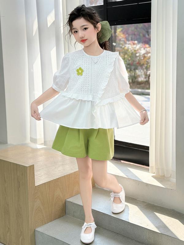 セットアップ ガールズ 女の子 春夏 半袖 シャツ ブラウス ショートパンツ 短パン 2点セット おしゃれ かわいい トレンド 韓国風 綿 コットン 薄手 涼しい 普段着 お出かけ カジュアル