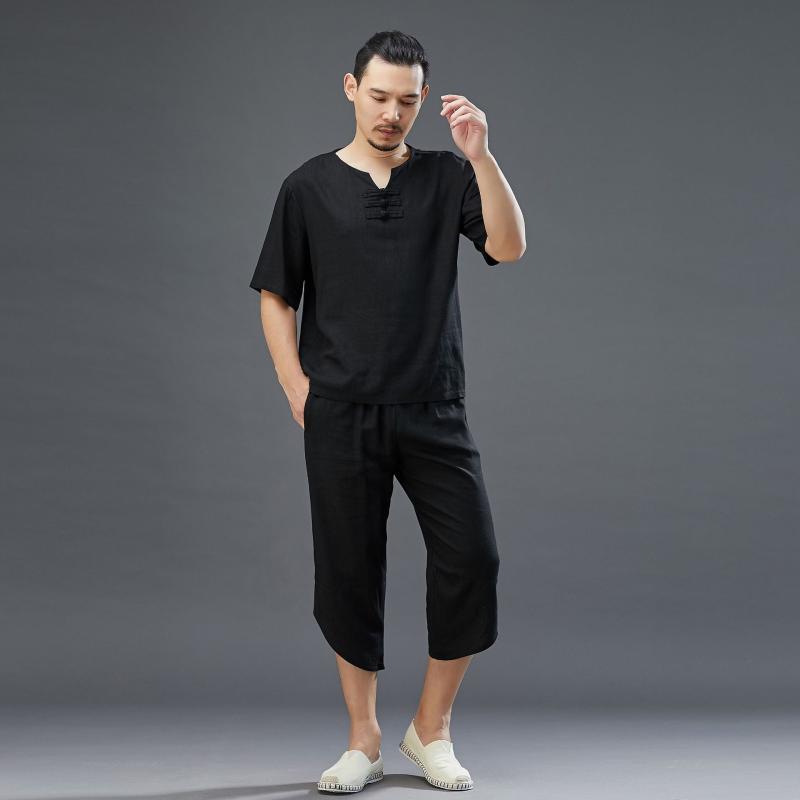 カジュアルセットアップ メンズ 男性用 Tシャツ 半袖 Vネック 三つボタン 無地 麻 リネン 綿 コットン 七分丈パンツ カジュアル 普段使い トレンド 春夏 ホワイト ブラック