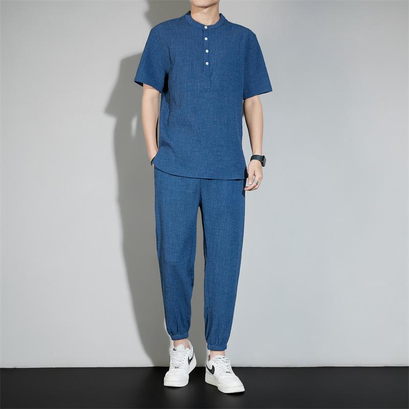 セットアップ メンズ 半袖 Tシャツ ショートパンツ スタンドカラー 薄手 接触冷感 ポリエステル 中国風 カジュアル スポーツ 普段使い 春夏 白 黒 デニムブルー 2点セット