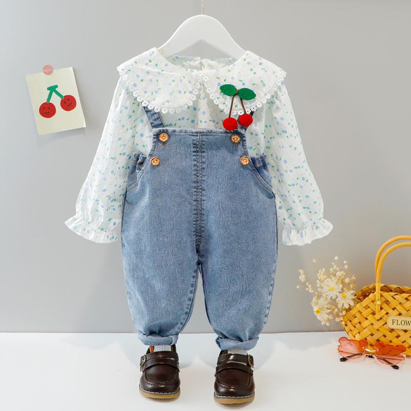 セットアップ ベビー キッズ 女の子 デニム サロペット オーバーオール 花柄 シャツ トップス 綿 コットン 薄手 韓国風 かわいい 2点セット