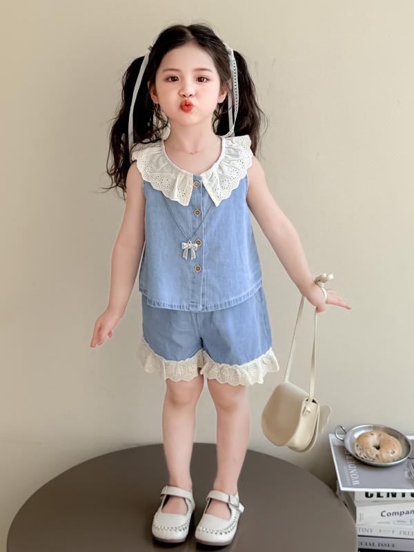 ショートパンツ セットアップ 女の子 キッズ 夏物 韓国風 丸襟 デニムベスト ノースリーブ 短パン 薄手 デニムカラー カジュアル 2点セット かわいい