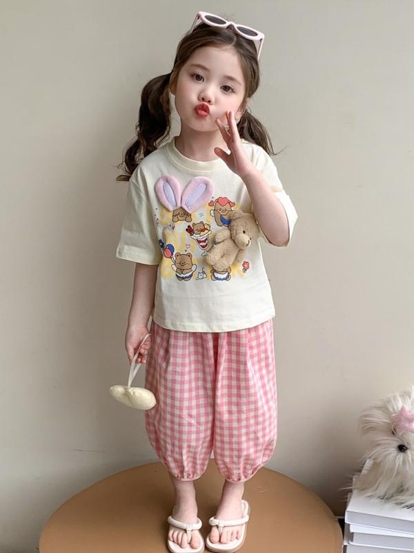 女の子 キッズ セットアップ 韓国風 おしゃれ 立体クマTシャツ チェック柄ショートパンツ ピンク 2点セット 夏 コットン 綿混 薄手 柔らか肌触り 普段着 お出かけ