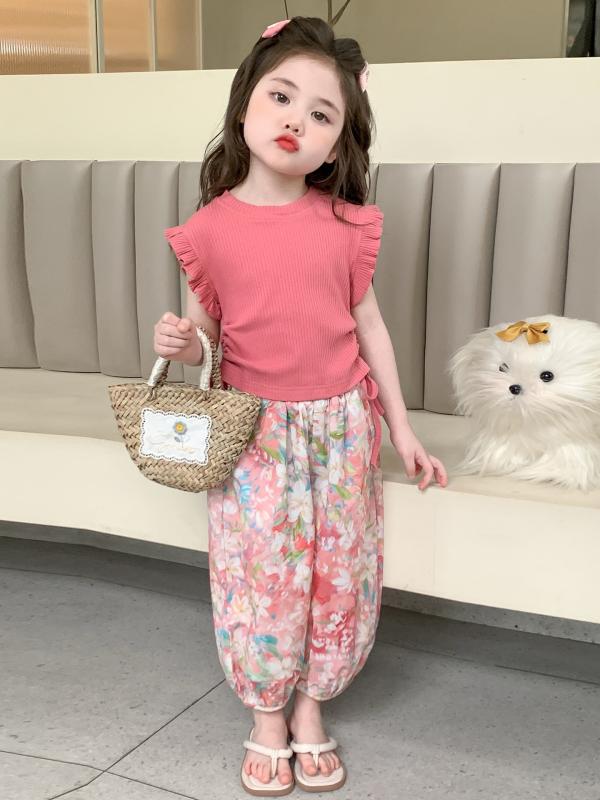 キッズ 女の子 春夏 韓国風 ポリエステル フリルスリーブ プルオーバー トップス 小花柄 九分丈 虫よけパンツ 柔らか 薄手 おしゃれ 普段着 ルームウェア 2点セット