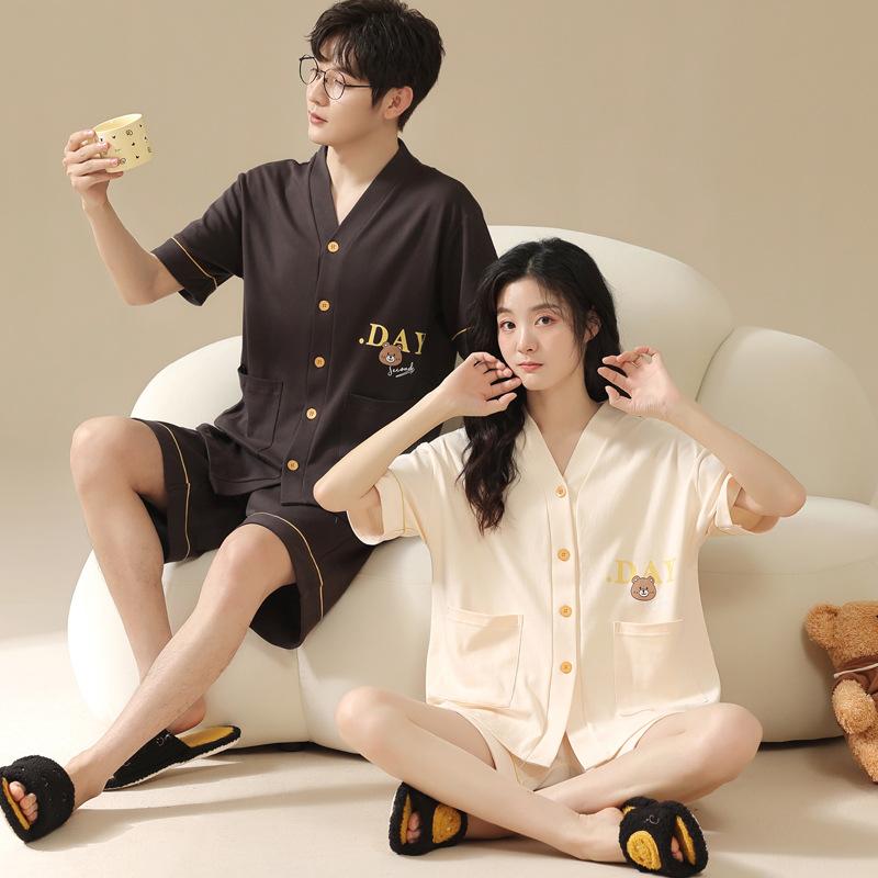 パジャマ ルームウェア カップル 男女兼用 メンズ レディース 綿100% コットン 半袖 ショートパンツ セットアップ Vネック 前開き 薄手 接触冷感 通気性 伸縮性 ゆったり 大きいサイズ 春夏 部屋着 ワンマイルウェア