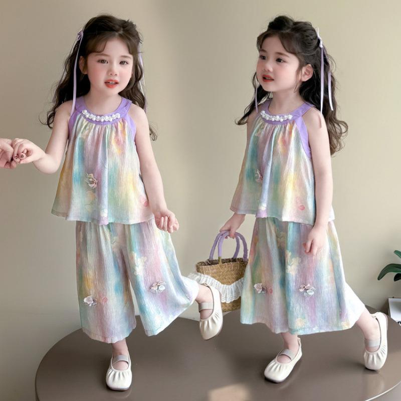 キッズ 女の子 ベビー セットアップ ノースリーブトップス ワイドパンツ クロップド 花柄 カラフル 2点セット 夏 韓国風 おしゃれ トレンド カジュアル 綿混 柔らかい生地 薄手 軽量 パープル