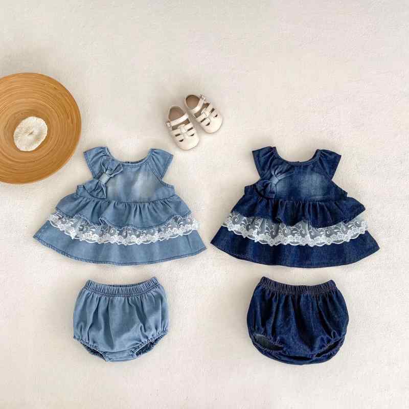 ベビー服 女の子 夏 デニム セットアップ リボン レース 切り替え ノースリーブ トップス パンツ ズボン 2点セット かわいい カジュアル シンプル 綿混 ライトブルー 無地