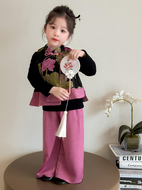子供服 女の子 漢服 チャイナ風 セットアップ 3点セット 長袖 トップス ワイドパンツ 柔らか素材 ポリエステル 春秋 普段着 カジュアル お出かけ