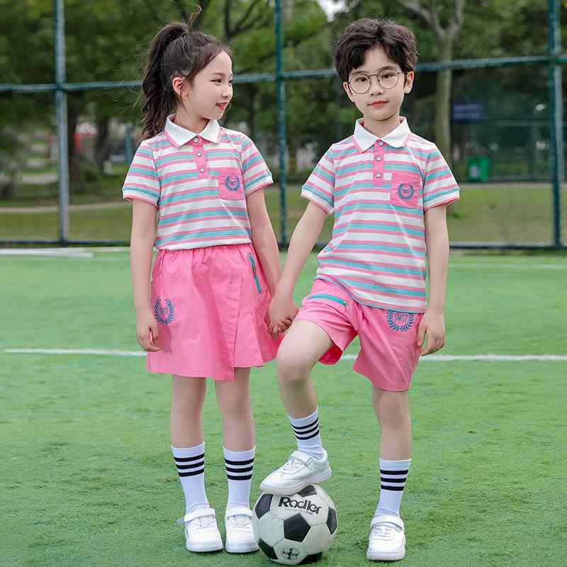 スクールユニフォーム キッズ 小中学生 男女兼用 夏服 カジュアル スポーティ イベント 発表会 半袖 スカート セットアップ 綿 通学 ピンク ブルー