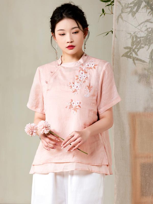 Tシャツ トップス レディース 春夏 ラミー 綿 麻 接触冷感 チャイナレトロ モダン 花柄 刺繍 アレンジ 半袖 スタンドカラー ゆったり 2点セット 普段使い カジュアル ピンク系